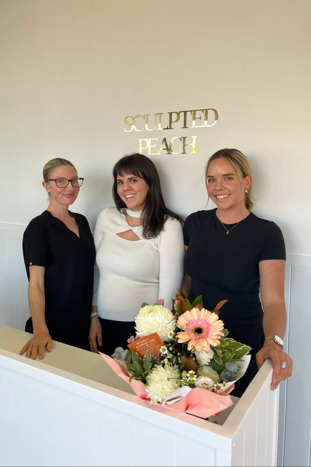 Tayla, Katie, and Gemma at Sculpted Peach Skin Clinic in Gold Coast – natural skincare and non-invasive treatments.